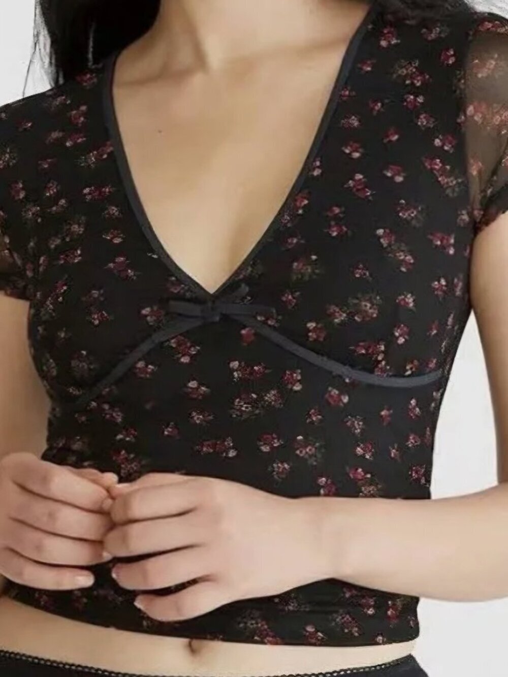 Aeropostale Crop Black Floral Fairy Mesh Whimsigoth Milkmaid Y2K vintage Top L